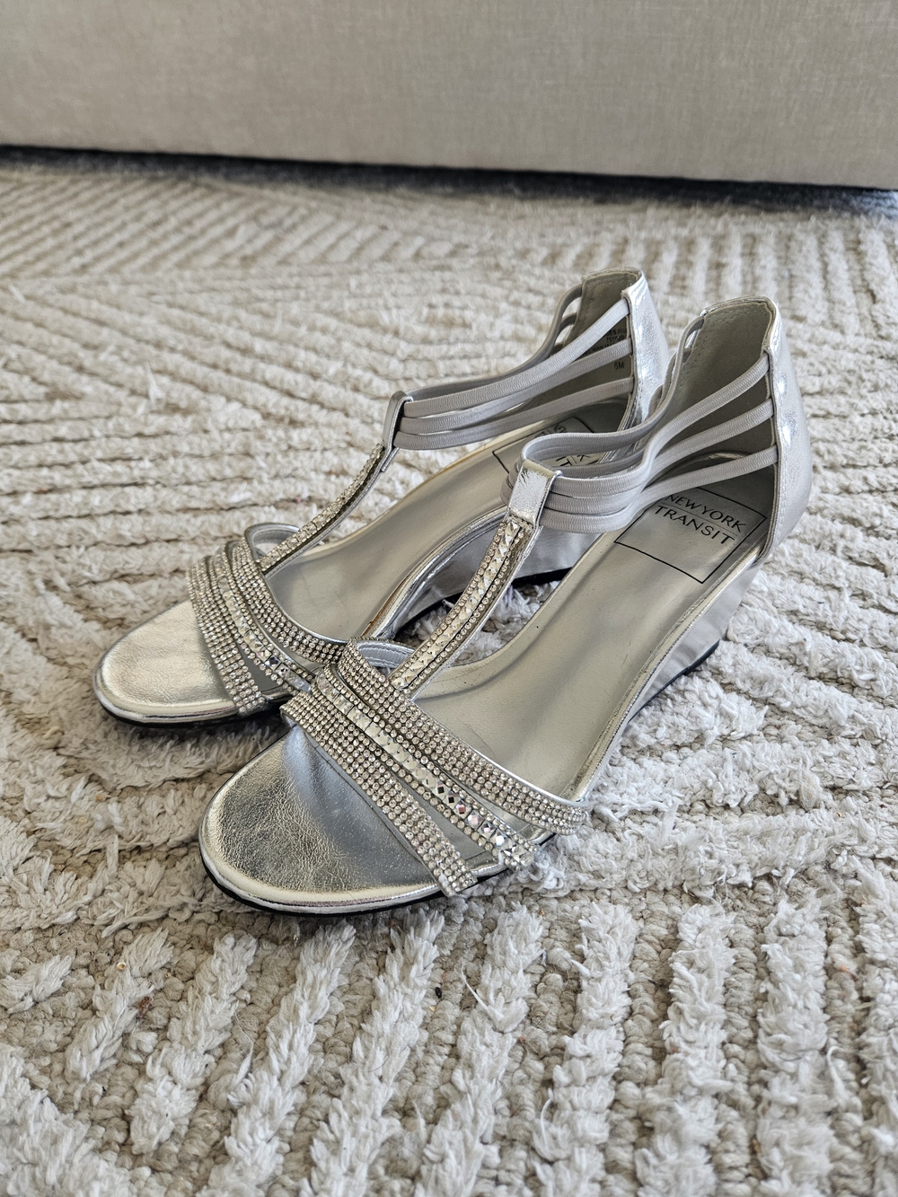 New York Transit Silver T-Strap Embellished Wedge Sandals Size 6